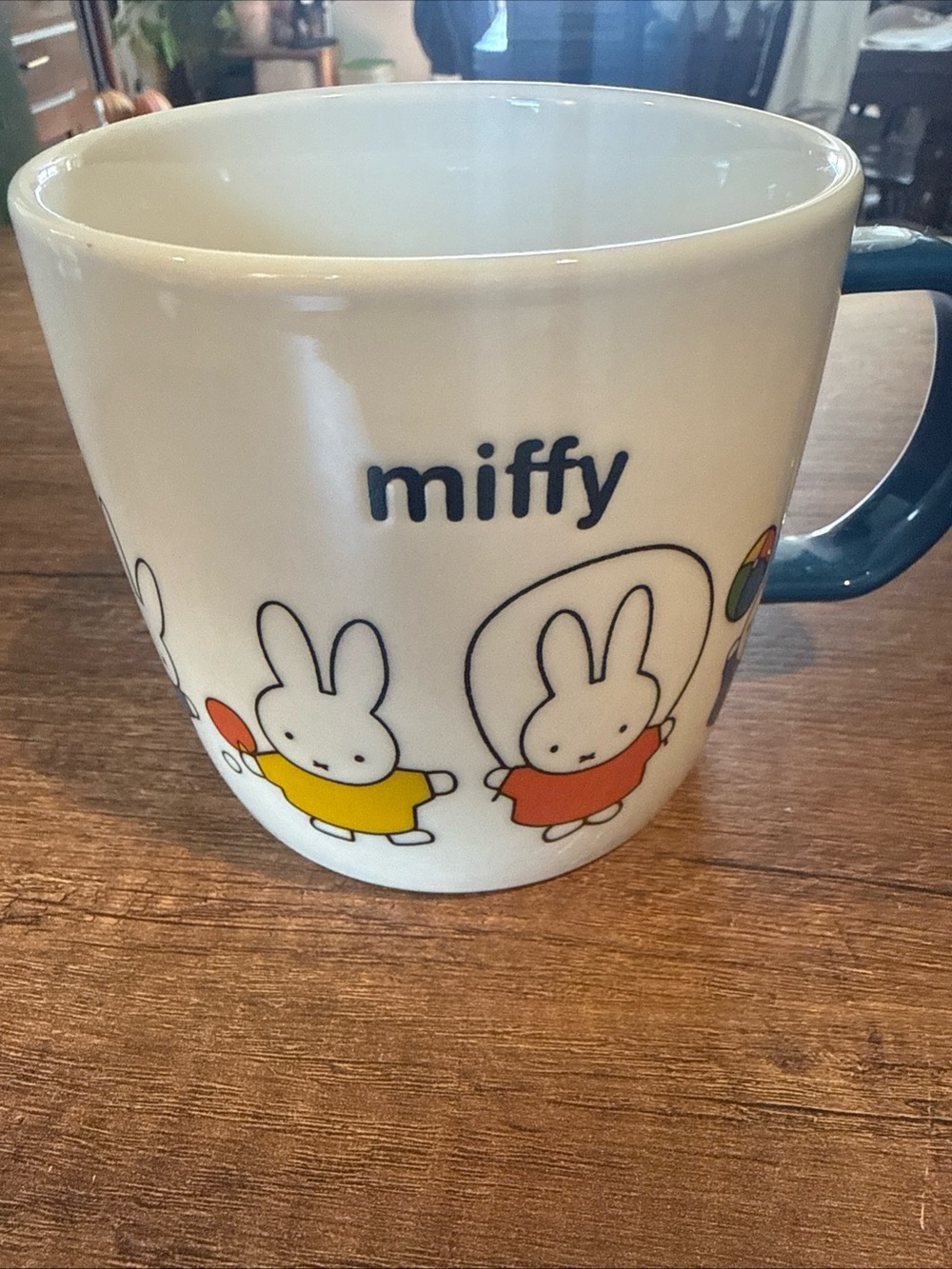 miffy White Ceramic Mug with Blue Handle and Colorful Character Prints